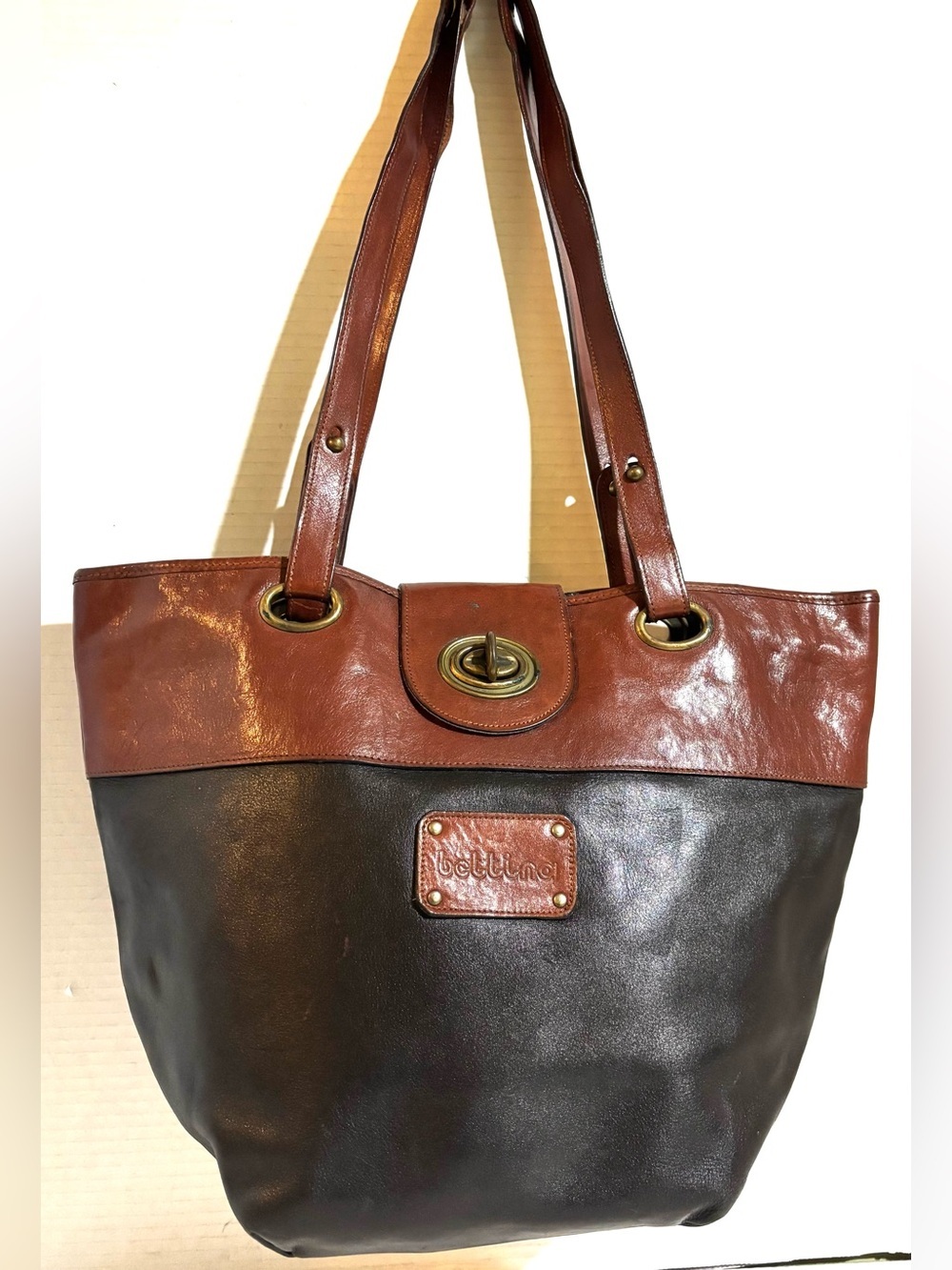 Two-Tone Brown Leather Tote Bag